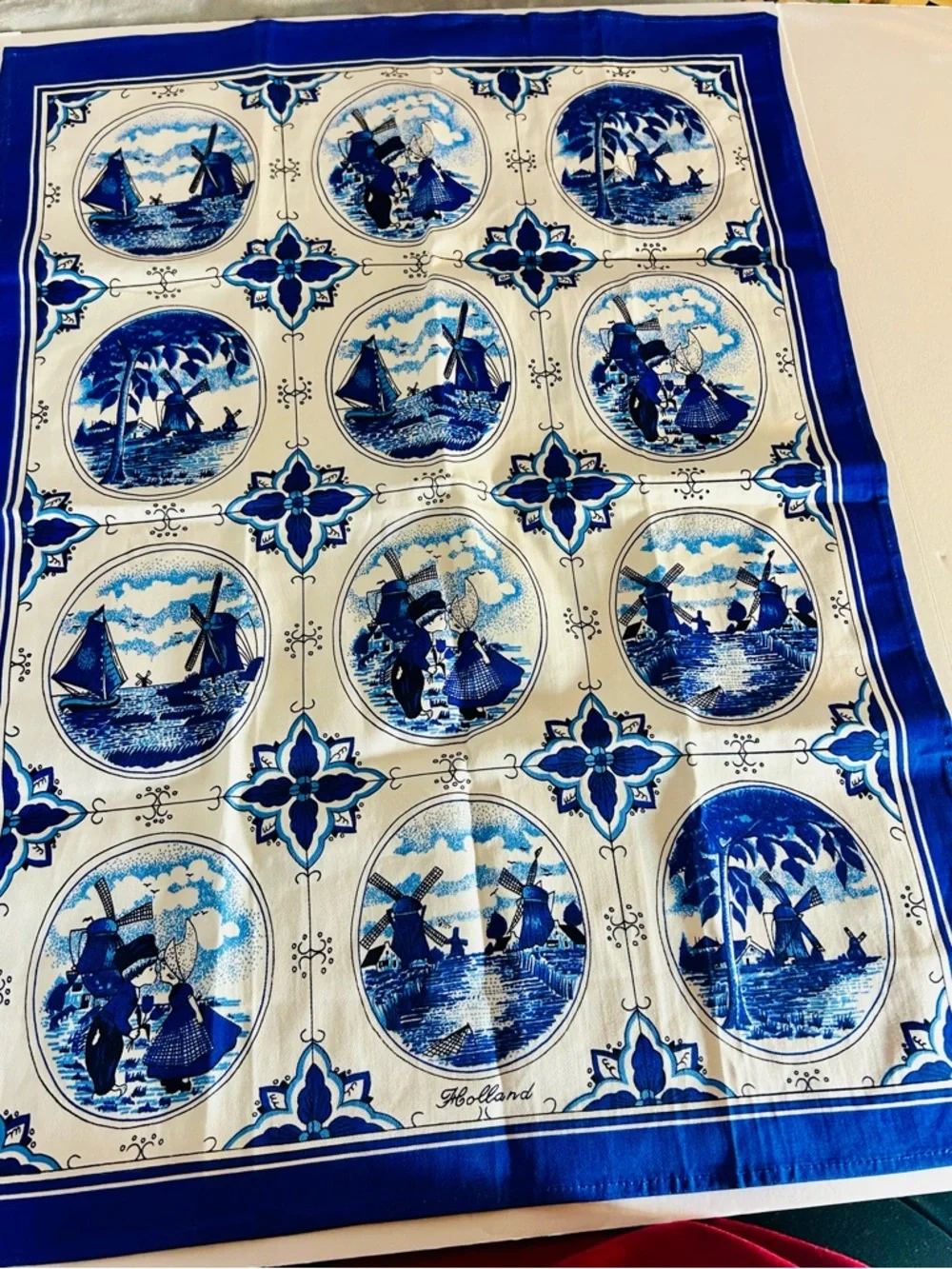 Vintage Dutch Holland Blue Windmill Tea Towel Delft Style